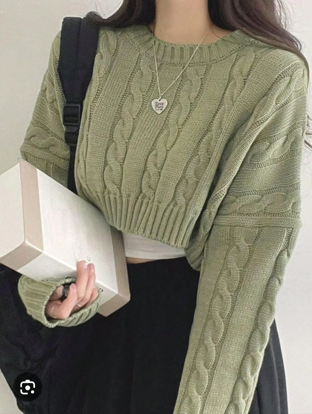 Cropped Cable Knit Sweater in Olive Green